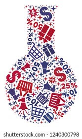 Mosaic chemical flask constructed with blue and red shopping symbols. Retail collage of mosaic chemical flask icon. Flat design for shopping posters.