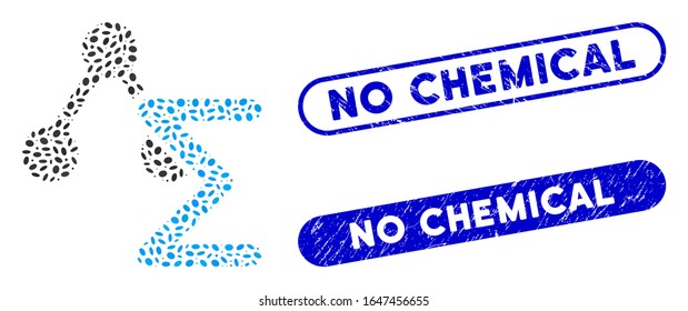Mosaic chemical formula and grunge stamp seals with No Chemical text. Mosaic vector chemical formula is designed with random ellipse spots. No Chemical stamp seals use blue color,
