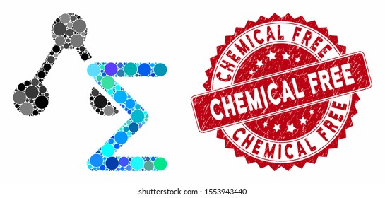Mosaic chemical formula and rubber stamp seal with Chemical Free phrase. Mosaic vector is composed from chemical formula icon and with random circle spots. Chemical Free stamp seal uses red color,