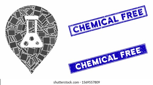 Mosaic chemical map marker icon and rectangular stamps. Flat vector chemical map marker mosaic pictogram of randomized rotated rectangular elements. Blue caption rubber stamps with corroded surface.