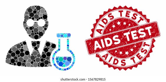 Mosaic chemist and distressed stamp seal with AIDS Test caption. Mosaic vector is composed with chemist icon and with random spheric items. AIDS Test stamp seal uses red color, and dirty surface.