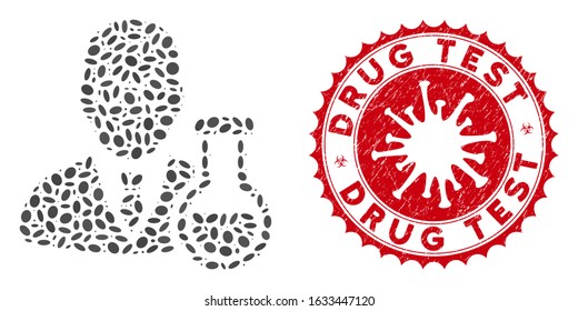 Mosaic chemist icon and red round distressed stamp watermark with Drug Test text and coronavirus symbol. Mosaic vector is composed with chemist icon and with scattered ellipse spots.