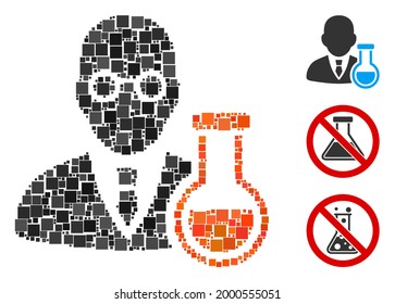 Mosaic Chemist icon united from square items in different sizes and color hues. Vector square items are united into abstract illustration chemist icon. Bonus pictograms are placed.