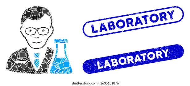 Mosaic chemist and rubber stamp seals with Laboratory caption. Mosaic vector chemist is designed with scattered rectangle items. Laboratory stamp seals use blue color, and have round rectangle shape.