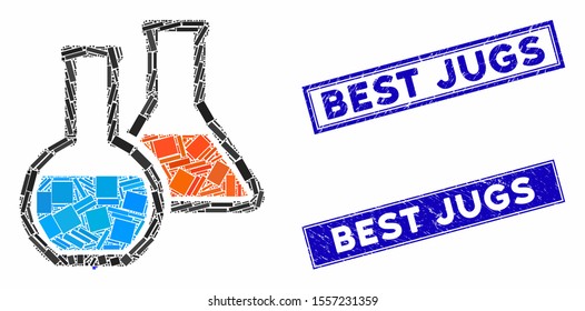 Mosaic chemistry pictogram and rectangular seal stamps. Flat vector chemistry mosaic icon of random rotated rectangular elements. Blue caption seal stamps with rubber textures.