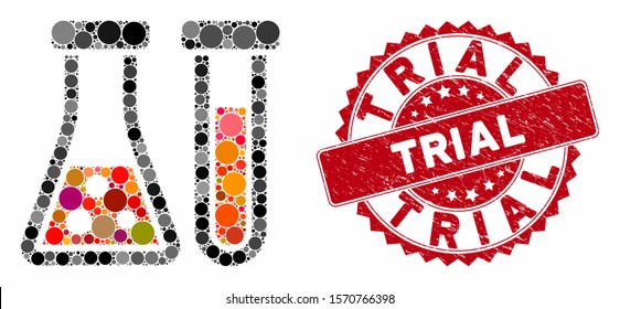 Mosaic chemistry and rubber stamp seal with Trial phrase. Mosaic vector is composed with chemistry icon and with scattered circle elements. Trial seal uses red color, and grunged texture.