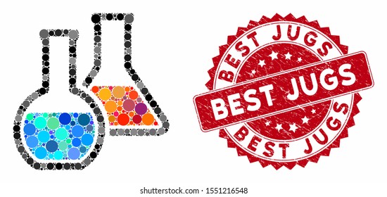 Mosaic chemistry and rubber stamp watermark with Best Jugs caption. Mosaic vector is designed with chemistry icon and with scattered circle spots. Best Jugs stamp seal uses red color,
