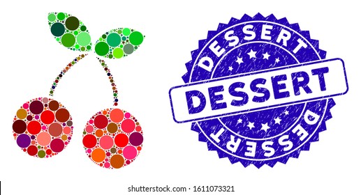 Mosaic cherry icon and rubber stamp seal with Dessert phrase. Mosaic vector is designed with cherry pictogram and with randomized round spots. Dessert stamp seal uses blue color, and distress surface.