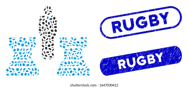 Mosaic chess strategy and corroded stamp watermarks with Rugby phrase. Mosaic vector chess strategy is designed with randomized ellipse items. Rugby stamp seals use blue color,