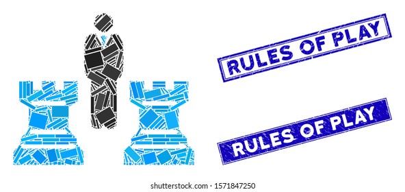 Mosaic chess strategy pictogram and rectangular Rules of Play stamps. Flat vector chess strategy mosaic pictogram of random rotated rectangular elements.