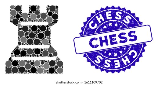 Mosaic chess tower icon and rubber stamp seal with Chess text. Mosaic vector is composed with chess tower pictogram and with randomized round items. Chess stamp seal uses blue color,