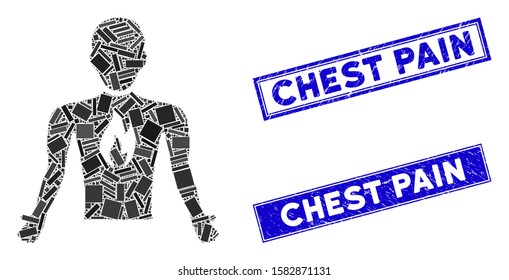 Mosaic chest pain pictogram and rectangle Chest Pain rubber prints. Flat vector chest pain mosaic pictogram of random rotated rectangle items. Blue Chest Pain seal stamps with rubber surface.