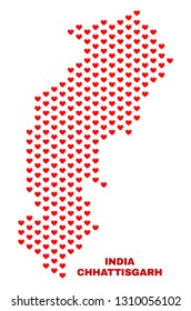 Mosaic Chhattisgarh State map of heart hearts in red color isolated on a white background. Regular red heart pattern in shape of Chhattisgarh State map. Abstract design for Valentine decoration.