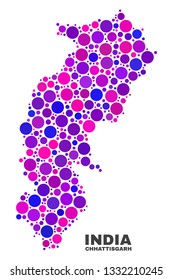 Mosaic Chhattisgarh State map isolated on a white background. Vector geographic abstraction in pink and violet colors. Mosaic of Chhattisgarh State map combined of random circle elements.