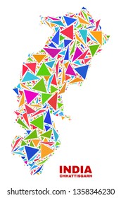 Mosaic Chhattisgarh State map of triangles in bright colors isolated on a white background. Triangular collage in shape of Chhattisgarh State map. Abstract design for patriotic decoration.