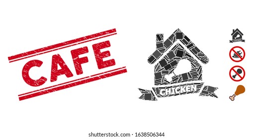 Mosaic chicken cafe pictogram and red Cafe stamp between double parallel lines. Flat vector chicken cafe mosaic pictogram of randomized rotated rectangle elements.