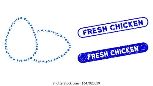 Mosaic chicken eggs and corroded stamp seals with Fresh Chicken caption. Mosaic vector chicken eggs is composed with randomized oval elements. Fresh Chicken stamp seals use blue color,