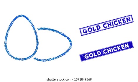 Mosaic chicken eggs pictogram and rectangle Gold Chicken seal stamps. Flat vector chicken eggs mosaic pictogram of randomized rotated rectangle elements.