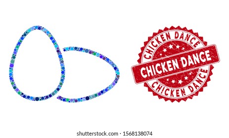 Mosaic chicken eggs and rubber stamp seal with Chicken Dance text. Mosaic vector is composed with chicken eggs icon and with randomized circle items. Chicken Dance stamp seal uses red color,