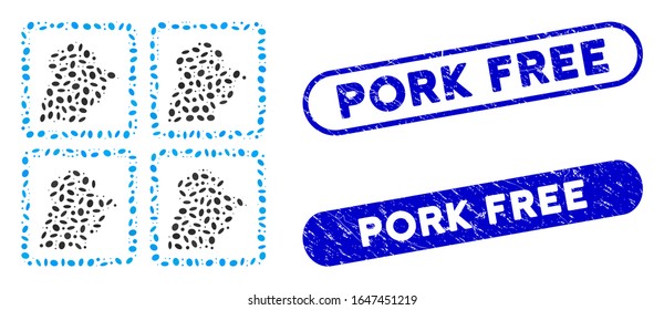 Mosaic chicken factory and distressed stamp seals with Pork Free caption. Mosaic vector chicken factory is composed with scattered elliptic dots. Pork Free stamp seals use blue color,