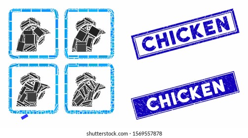 Mosaic chicken factory icon and rectangular stamps. Flat vector chicken factory mosaic icon of random rotated rectangular items. Blue caption stamps with grunge texture.