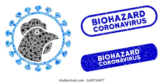 Mosaic chicken flu virus icon and red round corroded stamp seal with Biohazard Coronavirus text and coronavirus symbol.