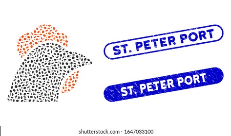 Mosaic chicken head and corroded stamp seals with St. Peter Port text. Mosaic vector chicken head is created with randomized ellipse items. St. Peter Port stamp seals use blue color,