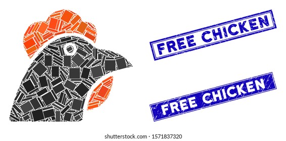 Mosaic chicken head pictogram and rectangular Free Chicken stamps. Flat vector chicken head mosaic pictogram of scattered rotated rectangle elements.