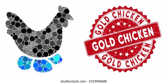 Mosaic chicken hen and distressed stamp seal with Gold Chicken text. Mosaic vector is created from chicken hen icon and with random circle elements. Gold Chicken stamp seal uses red color,