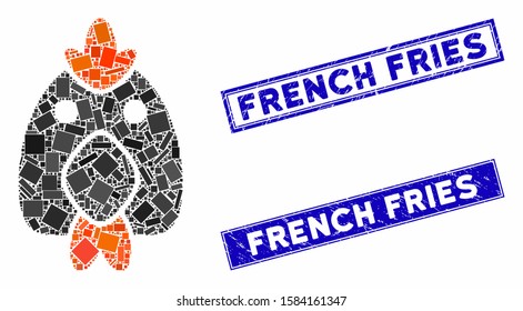 Mosaic chicken icon and rectangle French Fries rubber prints. Flat vector chicken mosaic icon of scattered rotated rectangle elements. Blue French Fries rubber stamps with corroded texture.