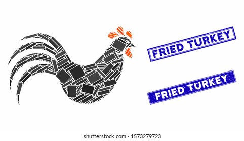 Mosaic chicken icon and rectangle Fried Turkey seals. Flat vector chicken mosaic icon of random rotated rectangle items. Blue Fried Turkey seals with dirty texture.