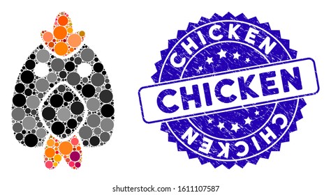 Mosaic chicken icon and rubber stamp seal with Chicken text. Mosaic vector is formed with chicken icon and with randomized spheric spots. Chicken seal uses blue color, and distress texture.