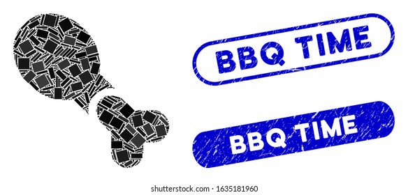 Mosaic chicken leg and distressed stamp seals with BBQ Time phrase. Mosaic vector chicken leg is created with randomized rectangle items. BBQ Time seals use blue color, and have round rectangle shape.