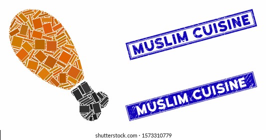 Mosaic chicken leg pictogram and rectangular Muslim Cuisine seal stamps. Flat vector chicken leg mosaic pictogram of scattered rotated rectangular elements.