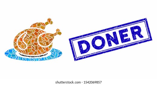 Mosaic chicken meal and rubber stamp seal with Doner text. Mosaic vector chicken meal is designed with random rectangle items. Doner stamp seal uses blue color.