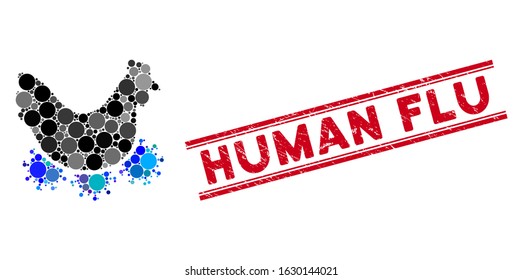 Mosaic chicken virus icon and grunge stamp watermark with Human Flu caption between double parallel lines. Mosaic vector is formed with chicken virus icon and with scattered circle elements.
