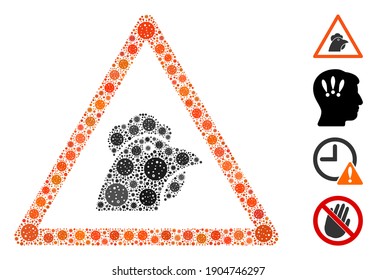 Mosaic chicken warning constructed from flu virus icons in variable sizes and color hues. Vector viral icons are organized into abstract mosaic chicken warning icon. Some bonus icons are added.
