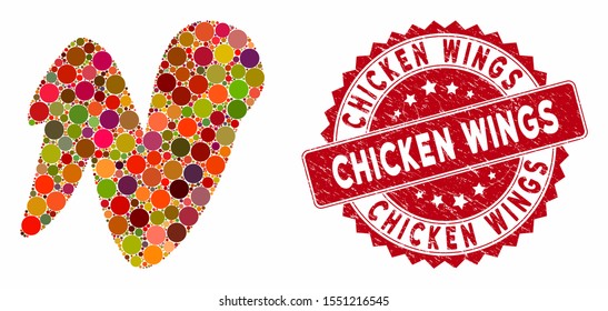 Mosaic chicken wing and rubber stamp watermark with Chicken Wings phrase. Mosaic vector is designed with chicken wing icon and with random round spots. Chicken Wings stamp seal uses red color,