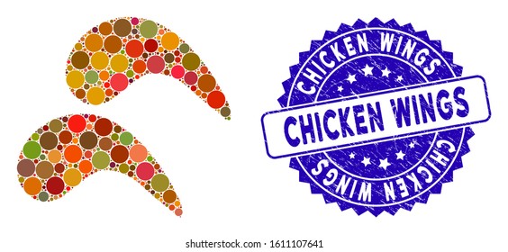 Mosaic chicken wings icon and grunge stamp seal with Chicken Wings phrase. Mosaic vector is designed with chicken wings pictogram and with scattered spheric spots.