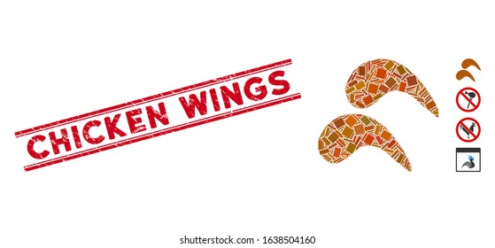 Mosaic chicken wings icon and red Chicken Wings rubber print between double parallel lines. Flat vector chicken wings mosaic icon of scattered rotated rectangular items.