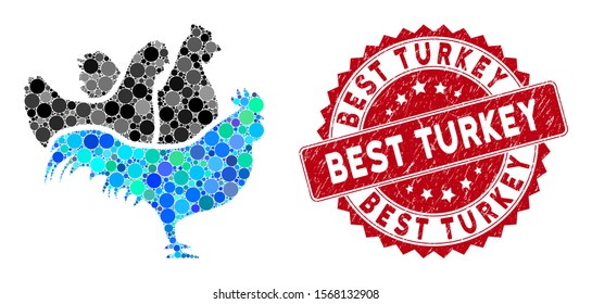 Mosaic chickens and corroded stamp seal with Best Turkey phrase. Mosaic vector is formed with chickens icon and with random round spots. Best Turkey stamp seal uses red color, and dirty design.