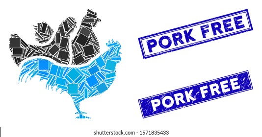 Mosaic chickens pictogram and rectangle Pork Free watermarks. Flat vector chickens mosaic icon of random rotated rectangle items. Blue Pork Free rubber stamps with rubber surface.
