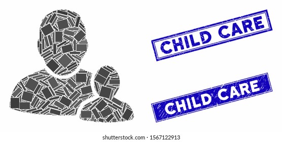 Mosaic child parent pictogram and rectangle seal stamps. Flat vector child parent mosaic pictogram of random rotated rectangular elements. Blue caption seal stamps with grunge surface.
