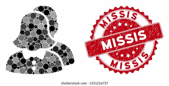 Mosaic childfree family and grunge stamp watermark with Missis text. Mosaic vector is designed with childfree family icon and with random spheric spots. Missis stamp uses red color,