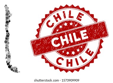 Mosaic Chile map and circle stamp. Flat vector Chile map mosaic of randomized circle items. Red stamp with grunged design. Designed for political and patriotic purposes.