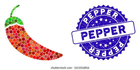 Mosaic chili pepper icon and rubber stamp seal with Pepper text. Mosaic vector is created with chili pepper icon and with scattered spheric elements. Pepper stamp seal uses blue color,