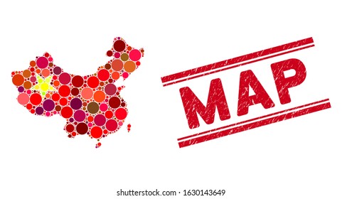Mosaic China map icon and corroded stamp seal with Map caption between double parallel lines. Mosaic vector is designed with China map icon and with scattered spheric items. Map stamp uses red color,