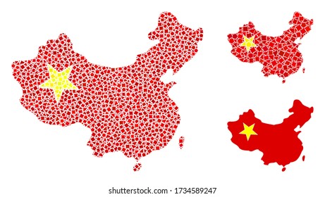 Mosaic China map icon organized from tremulant spots in various sizes, positions and proportions. Vector tremulant pieces are combined into abstract mosaic China map icon.