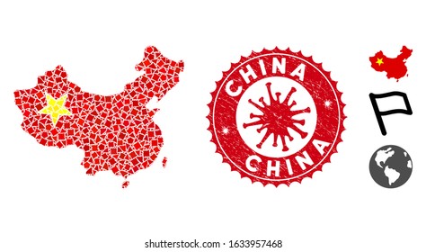 Mosaic China map icon and red rounded rubber stamp seal with China phrase and coronavirus symbol. Mosaic vector is designed from China map icon and with random tremulant elements.