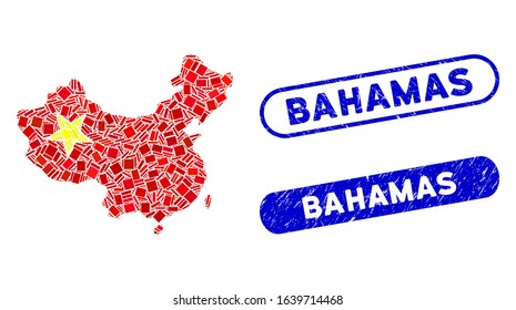 Mosaic China map icon and red round grunge stamp watermark with Bahamas caption and coronavirus symbol. Mosaic vector is designed with China map icon and with random round items.